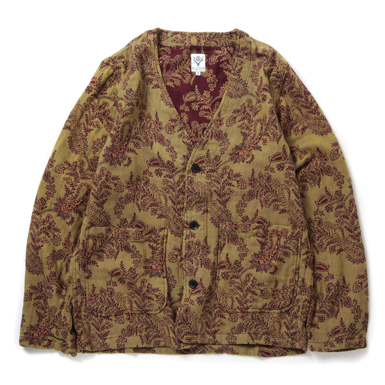 V Neck Jacket - Cotton Jacquard / Paisley - Green