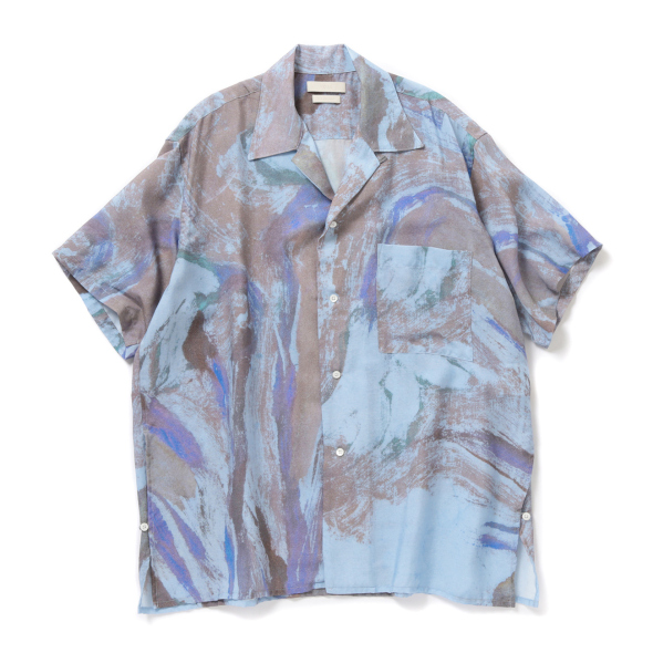 YOKE / ヨーク | FLOWER PRINTED OPEN COLLAR SHIRT - Blue
