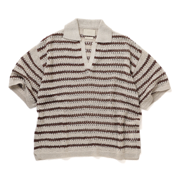 YOKE / ヨーク | BORDER MESH KNIT SKIPPER POLO SHIRT - Ivory