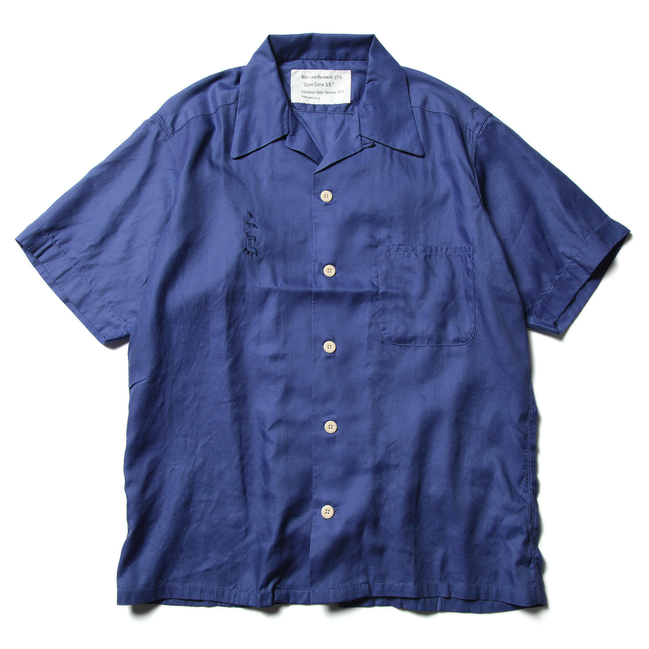 RESEARCH | Open Collar S/S - 動物刺繍 Cotton Satin - Blue | 通販 