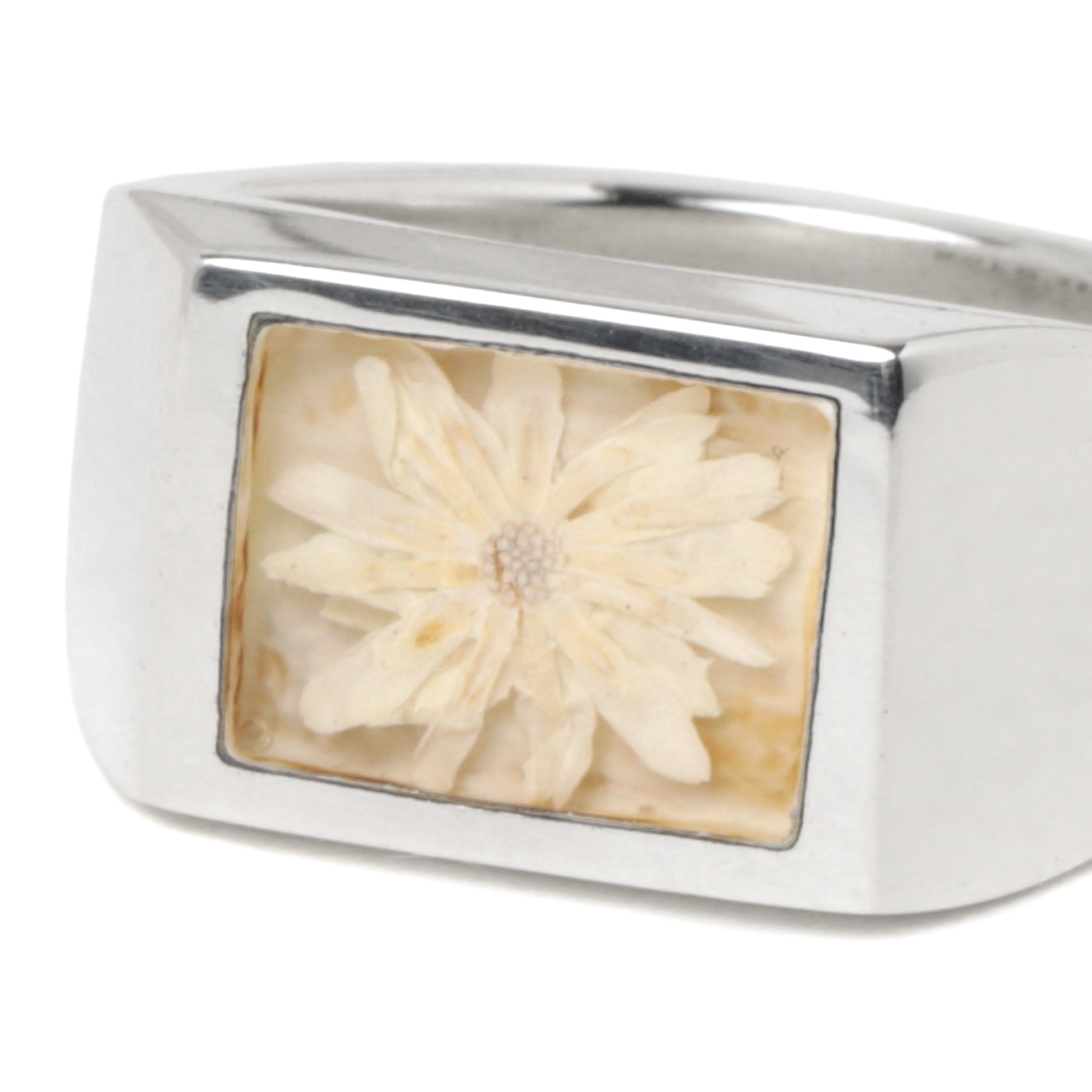 Signet Ring with Flower / White - Silver 925