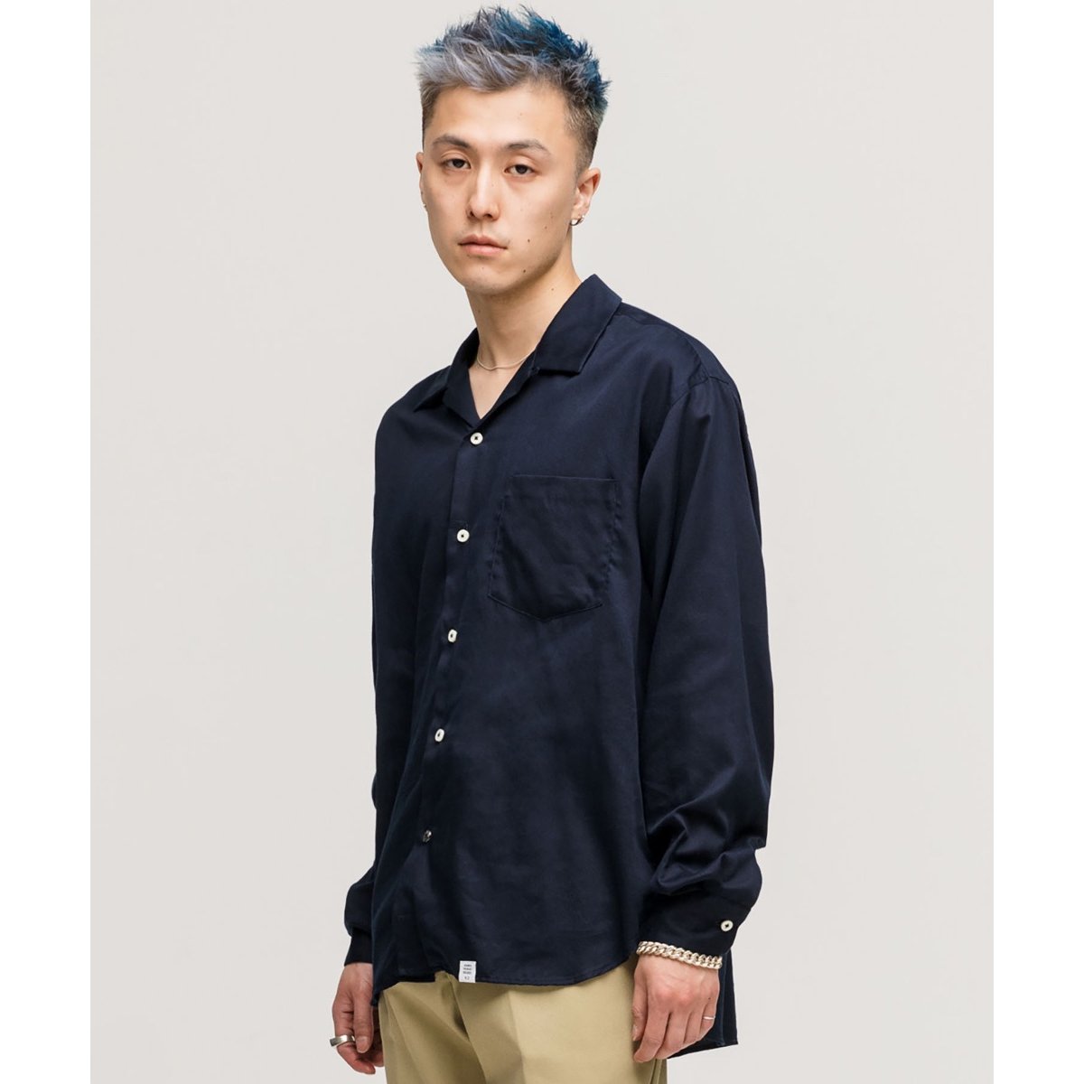 L/S OPEN COLLAR SHIRT 「AARON」 - Navy