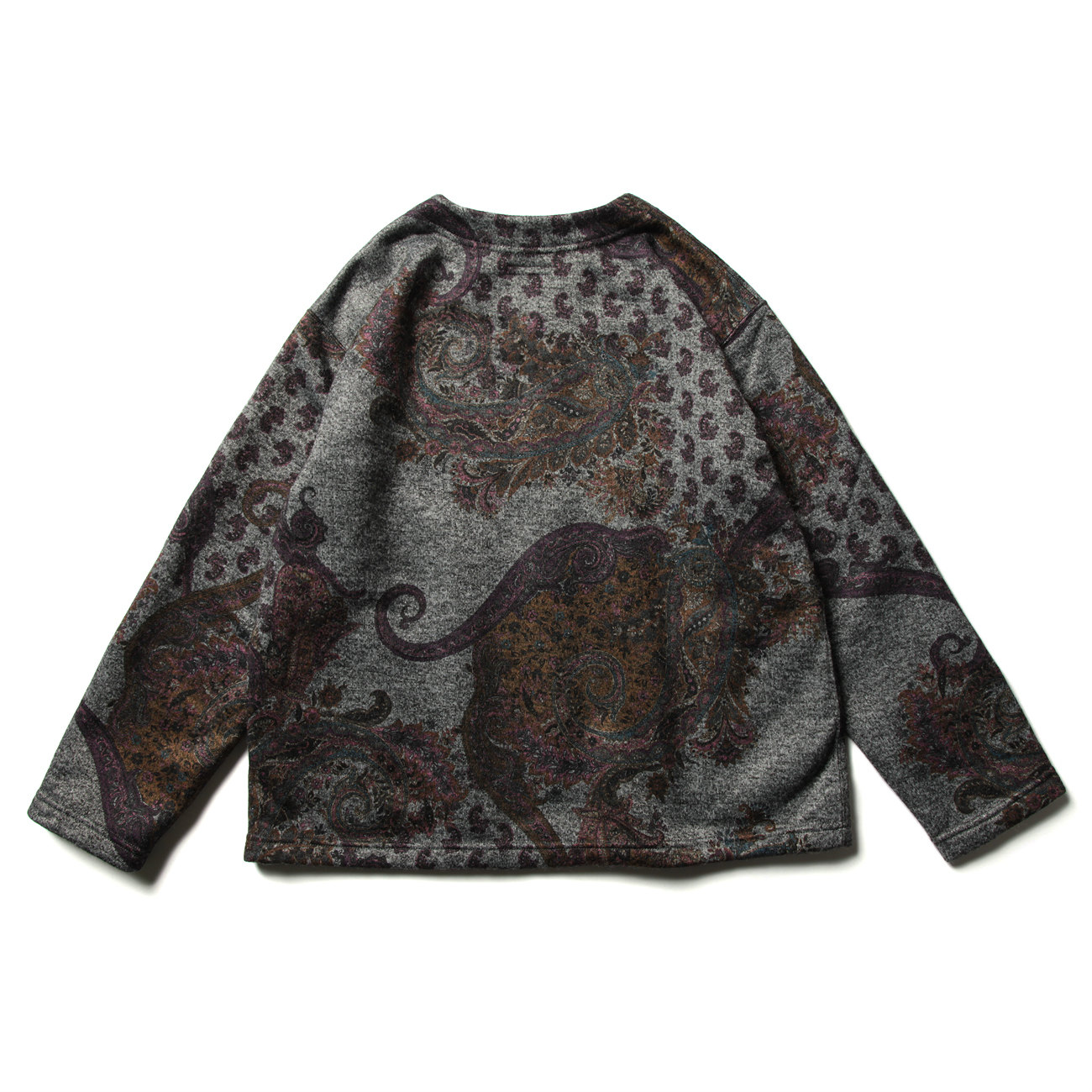 Crewneck Cardigan - Poly Wool Paisley Print Knit - Grey
