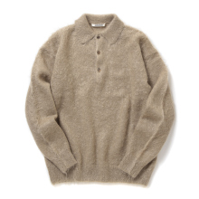 BRUSHED SUPER KID MOHAIR KNIT POLO - Gray Beige