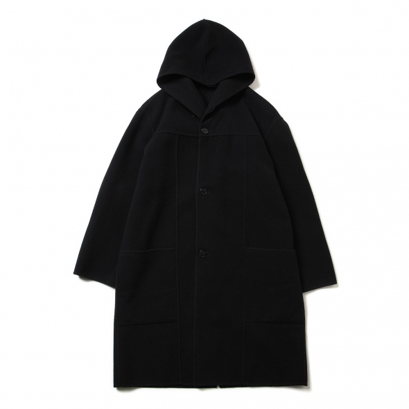 VELOUR BRUSHED WOOL MELTON HAND SEWN HOODED COAT (メンズ) - Dark Navy