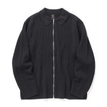 BATONER / バトナー | SOLID WOOL RIB POLO ZIP UP CARDIGAN (メンズ) - Charcoal Blue