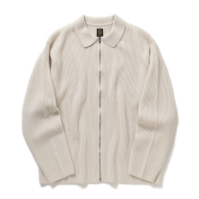 BATONER / バトナー | SOLID WOOL RIB POLO ZIP UP CARDIGAN (メンズ) - Ivory