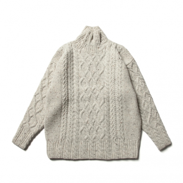 WOOL BABY ALPACA NEPPED CABLE KNIT TURTLE NECK P/O (レディース) - Mix Ivory