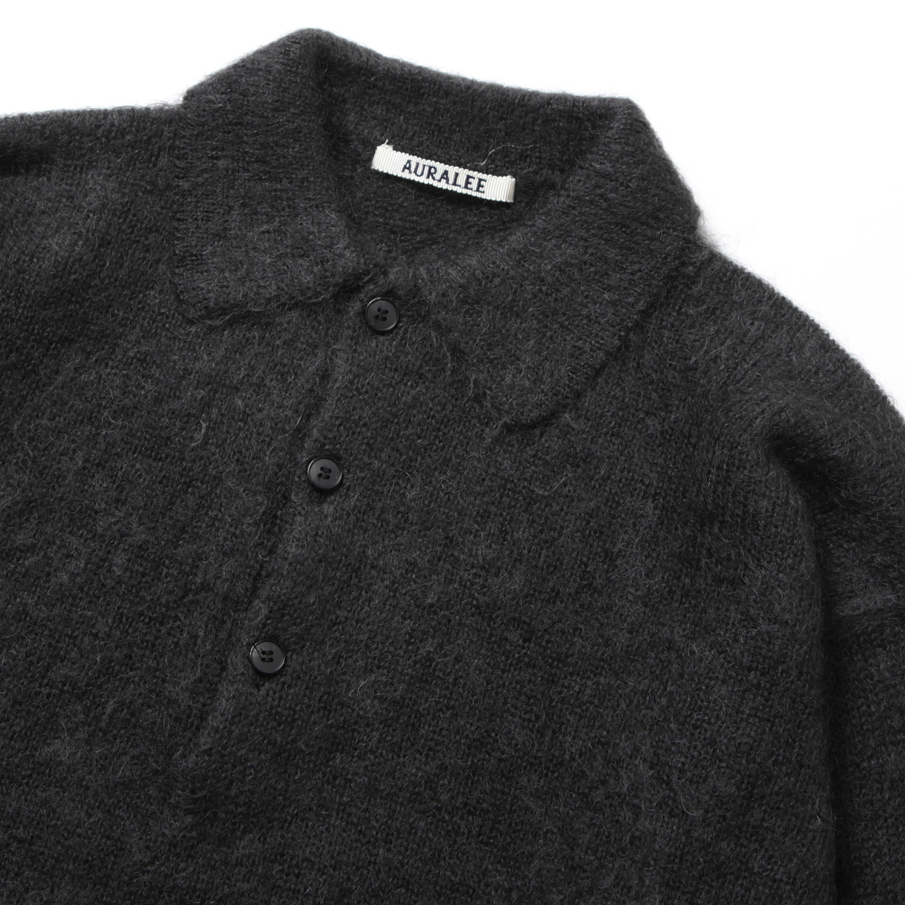 BRUSHED SUPER KID MOHAIR KNIT POLO - Ink Black 首元