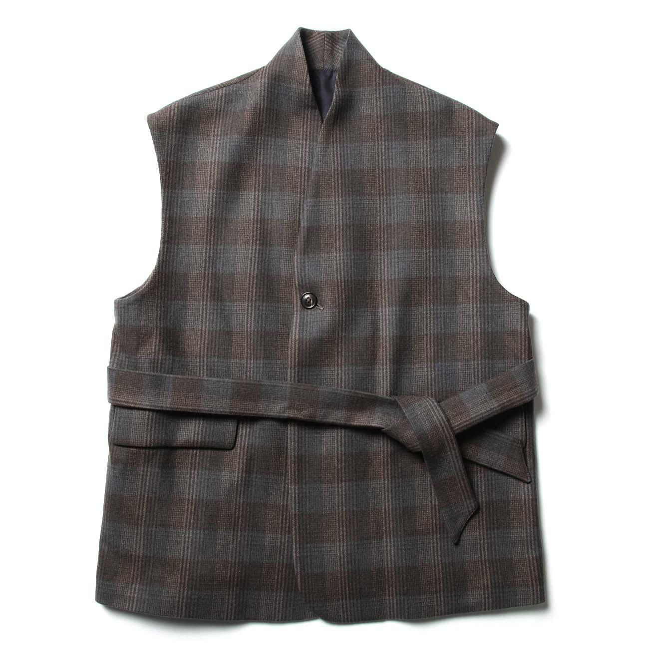 WOOL CHECK BELTED VEST - Gray