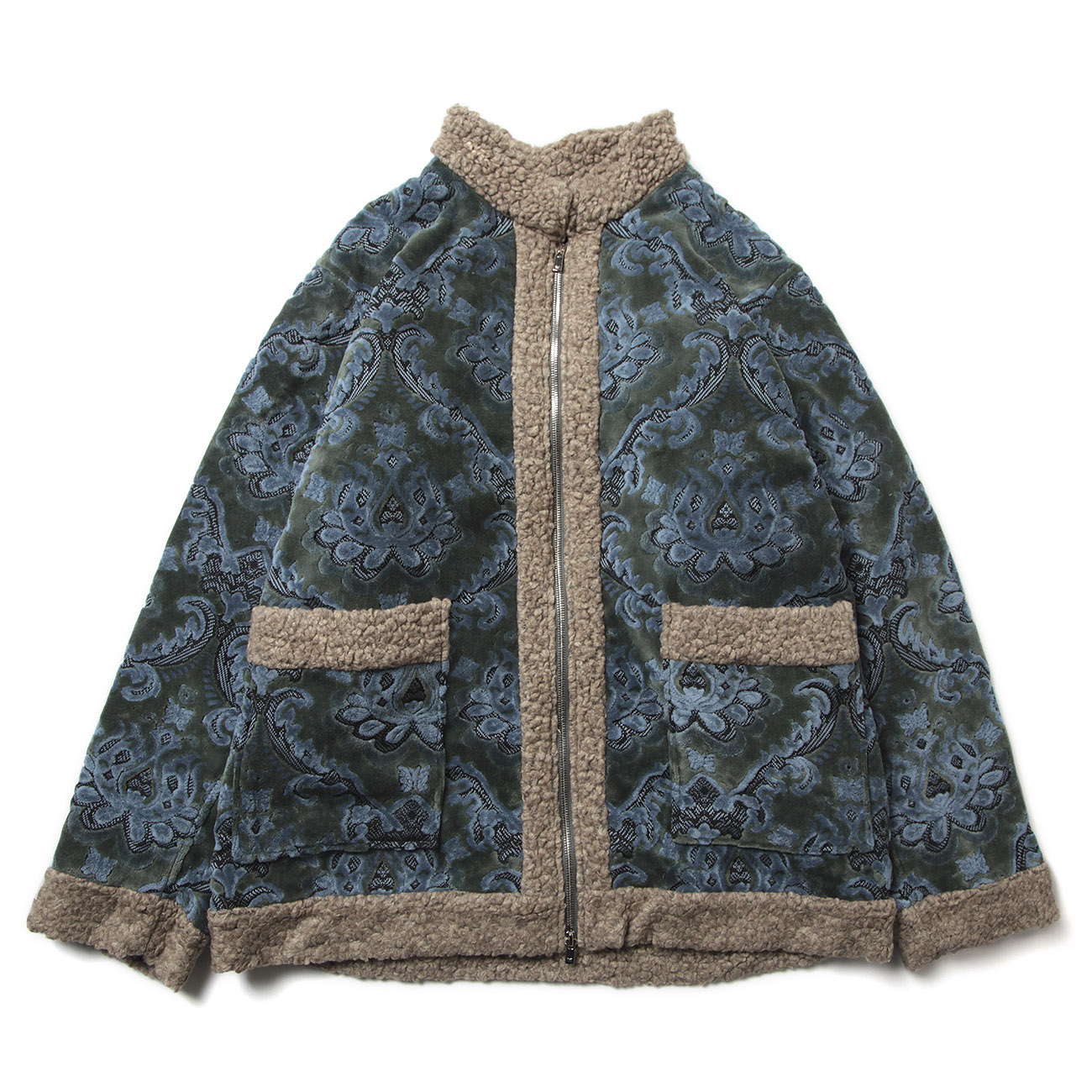 Zipped Tibetan Jacket - Damask Velvet Jq. - Blue Grey