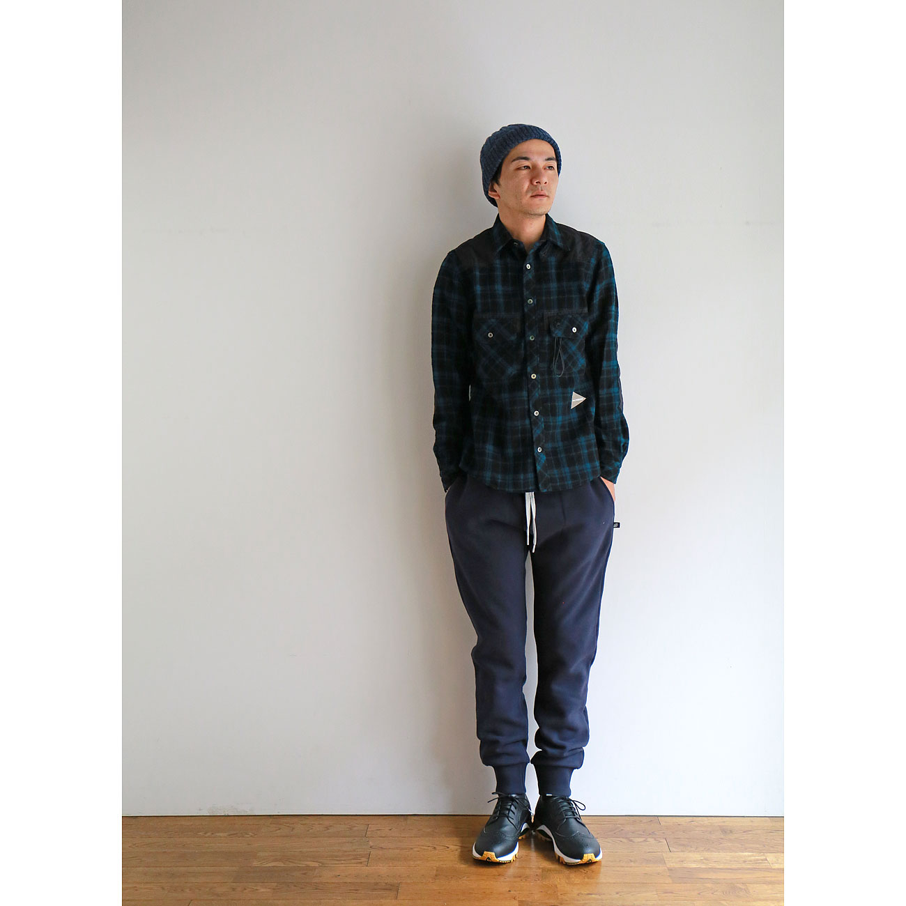 and wander(アンドワンダー) wool check shirt and wander / アンドワンダー | wool check shirt for MEN - navy