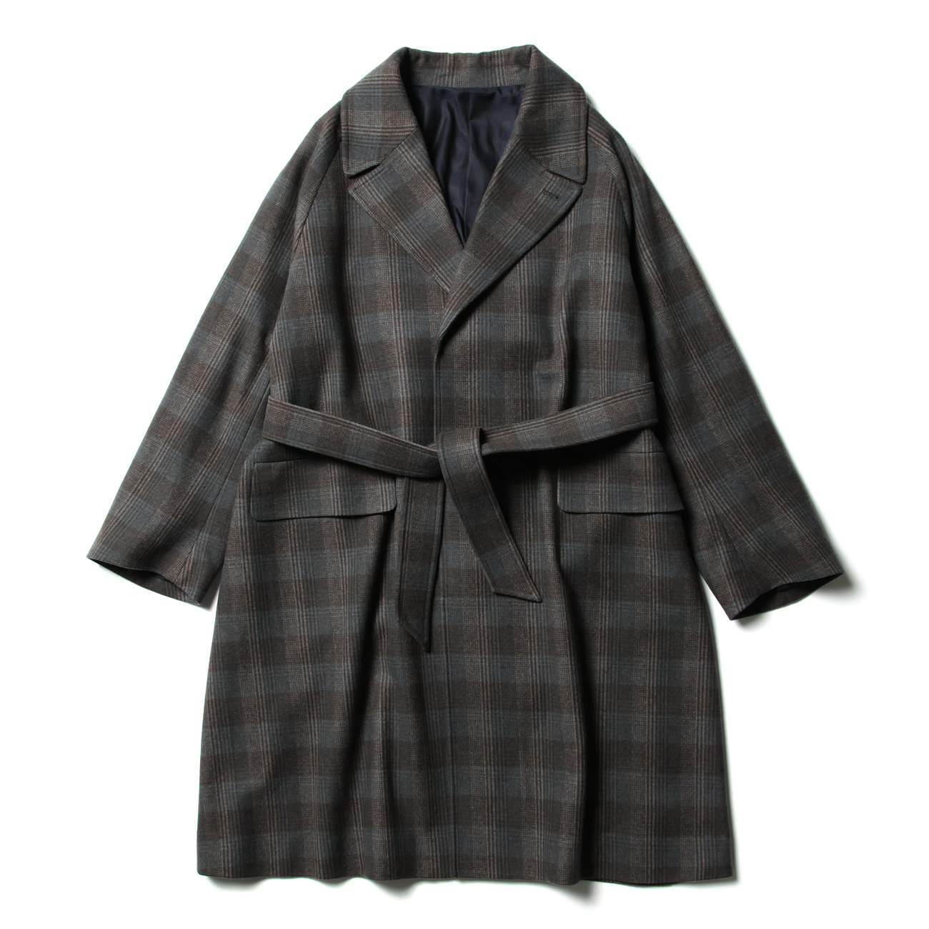 WOOL CHECK BELTED COAT - Gray